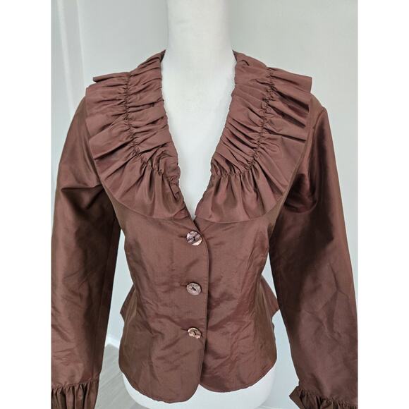 Vtg 90s Silk Taffeta Ruffle Frill Collar Belted Evening Blouse J. Peterman Sz 10 - Picture 2 of 11